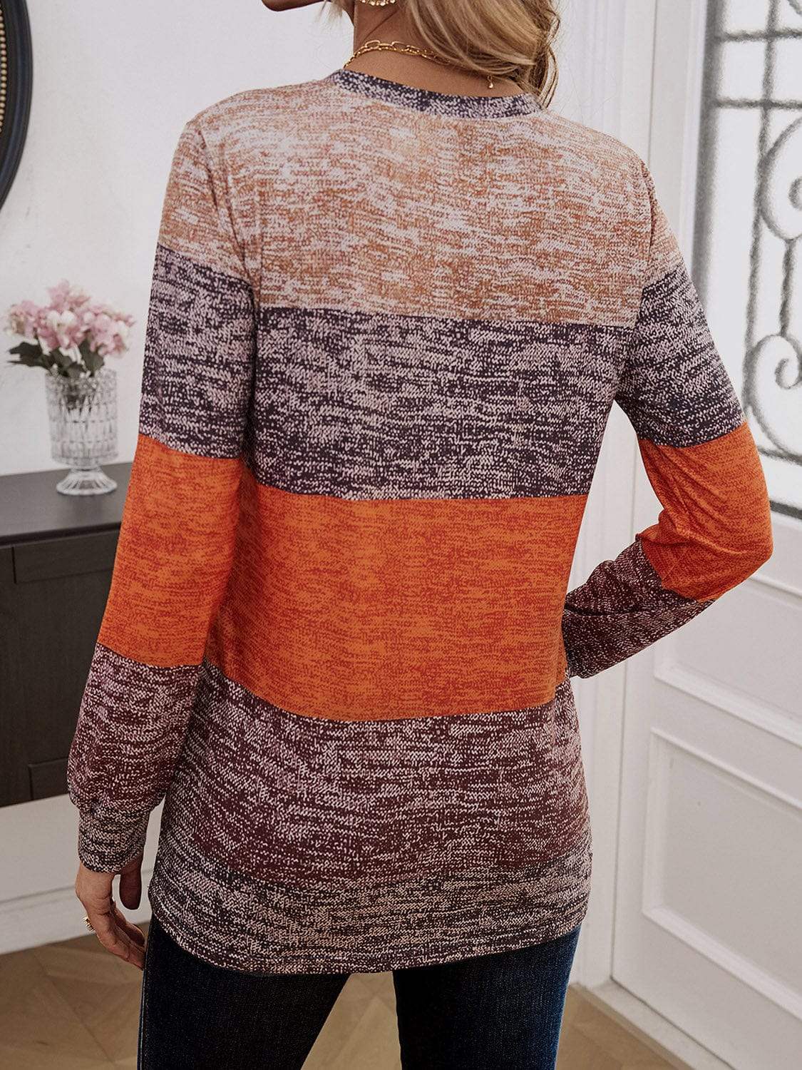 Decorative Button Contrast Round Neck Long Sleeve T-Shirt - Trendsi - Flyclothing LLC