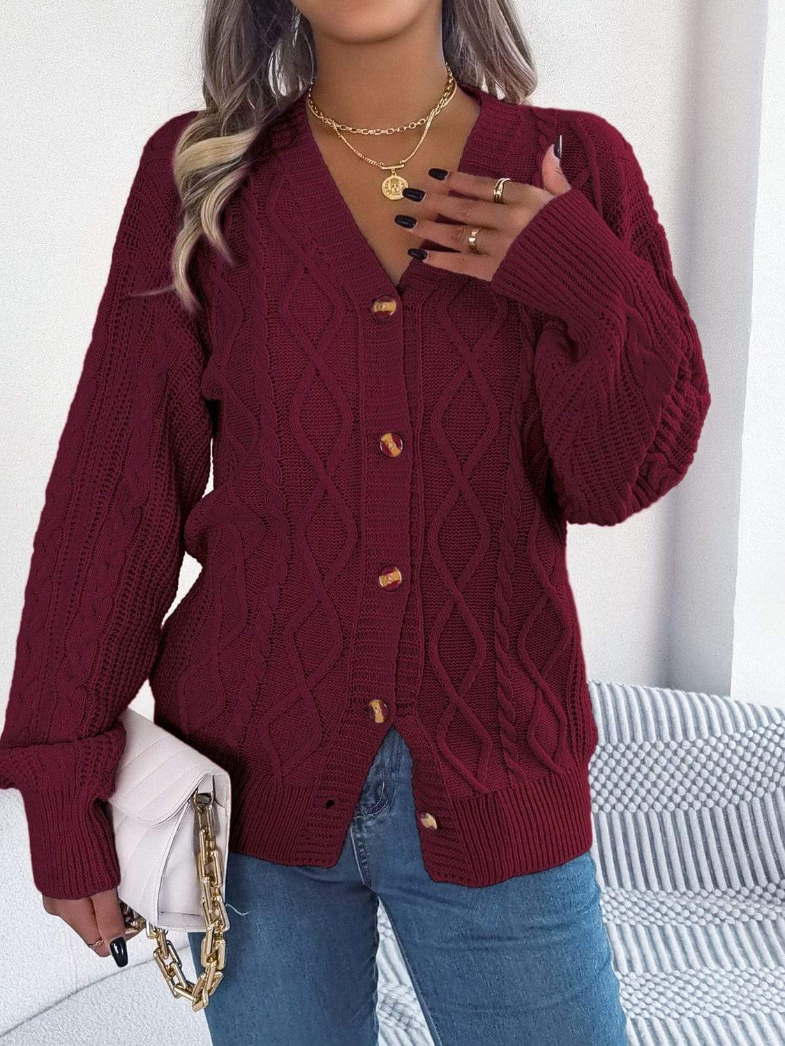 Cable-Knit Long Sleeve Cardigan - Trendsi - Flyclothing LLC