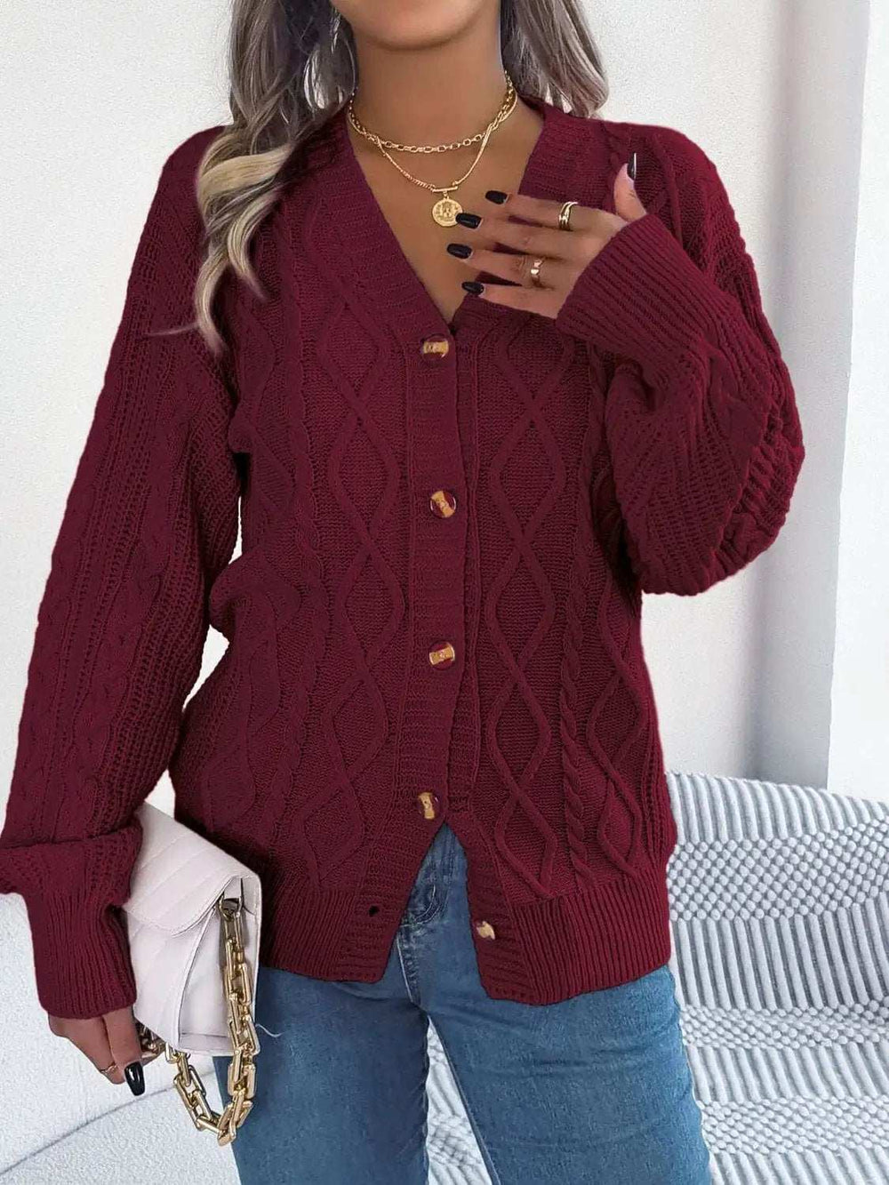 Cable-Knit Long Sleeve Cardigan - Trendsi - Flyclothing LLC