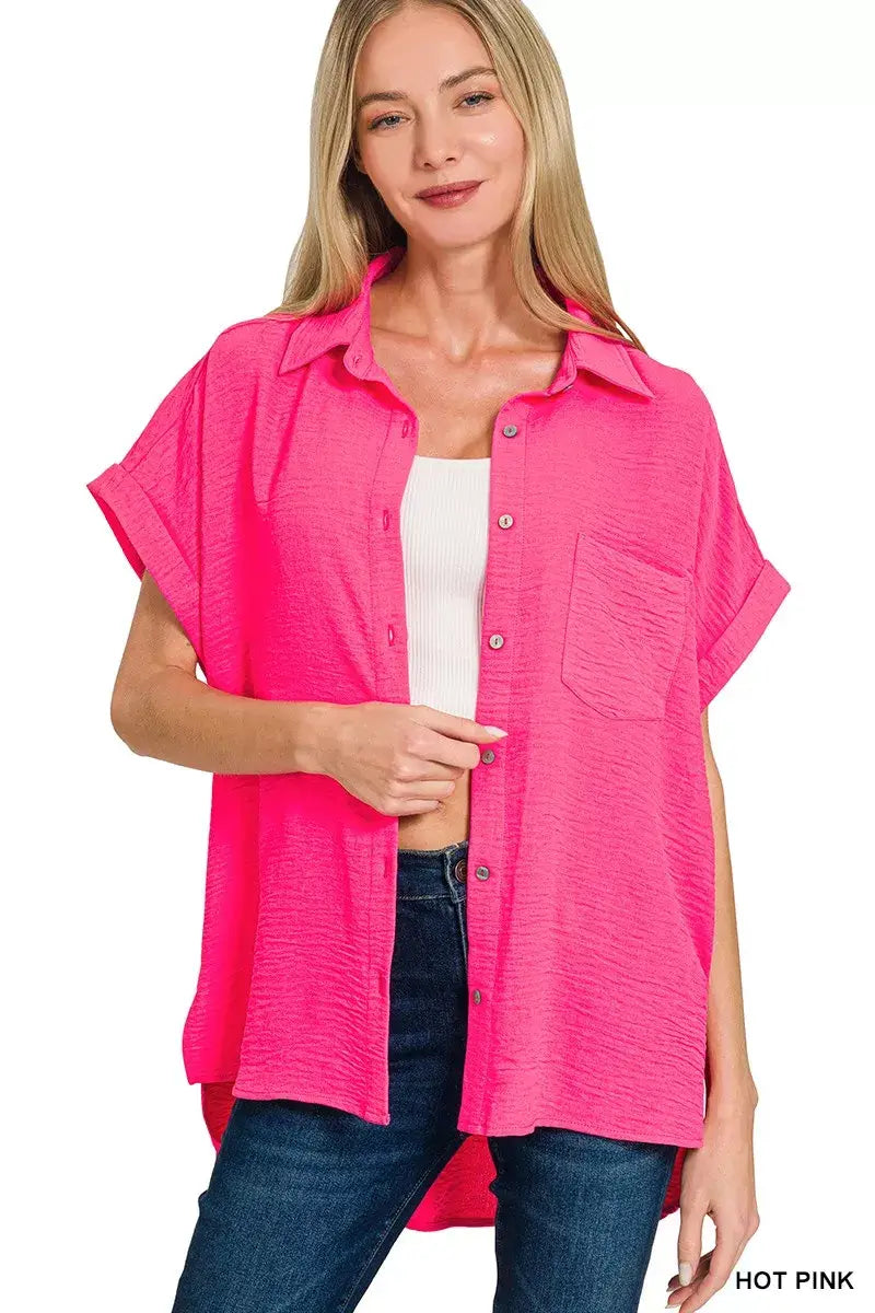 Zenana Woven Airflow Button Down Shirt - Trendsi - Flyclothing LLC