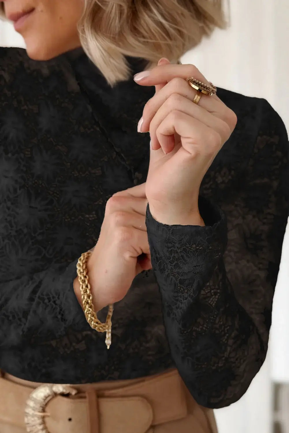 Lace Mock Neck Long Sleeve Blouse - Trendsi - Flyclothing LLC