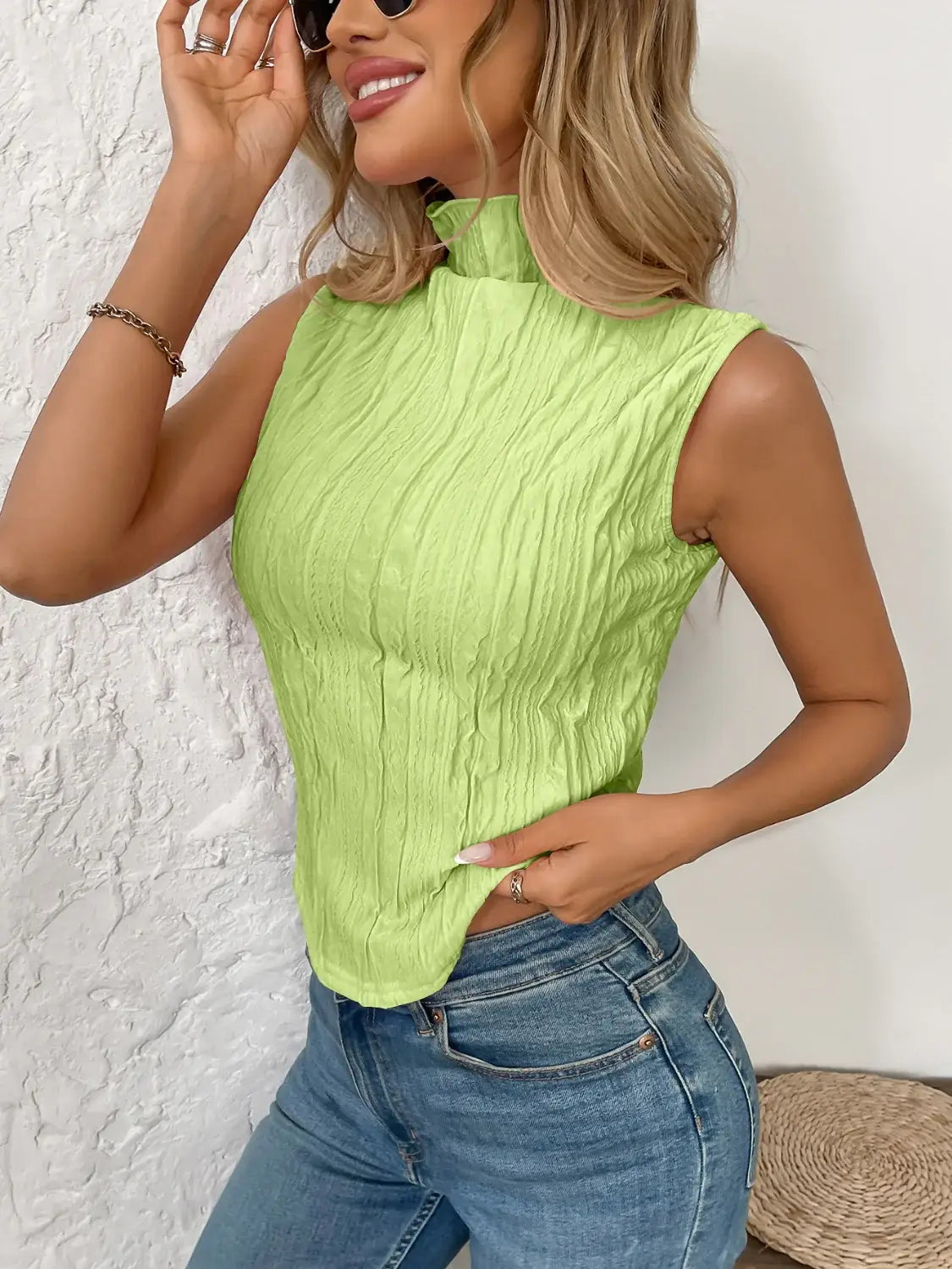 Texture Turtleneck Sleeveless Top - Trendsi - Flyclothing LLC