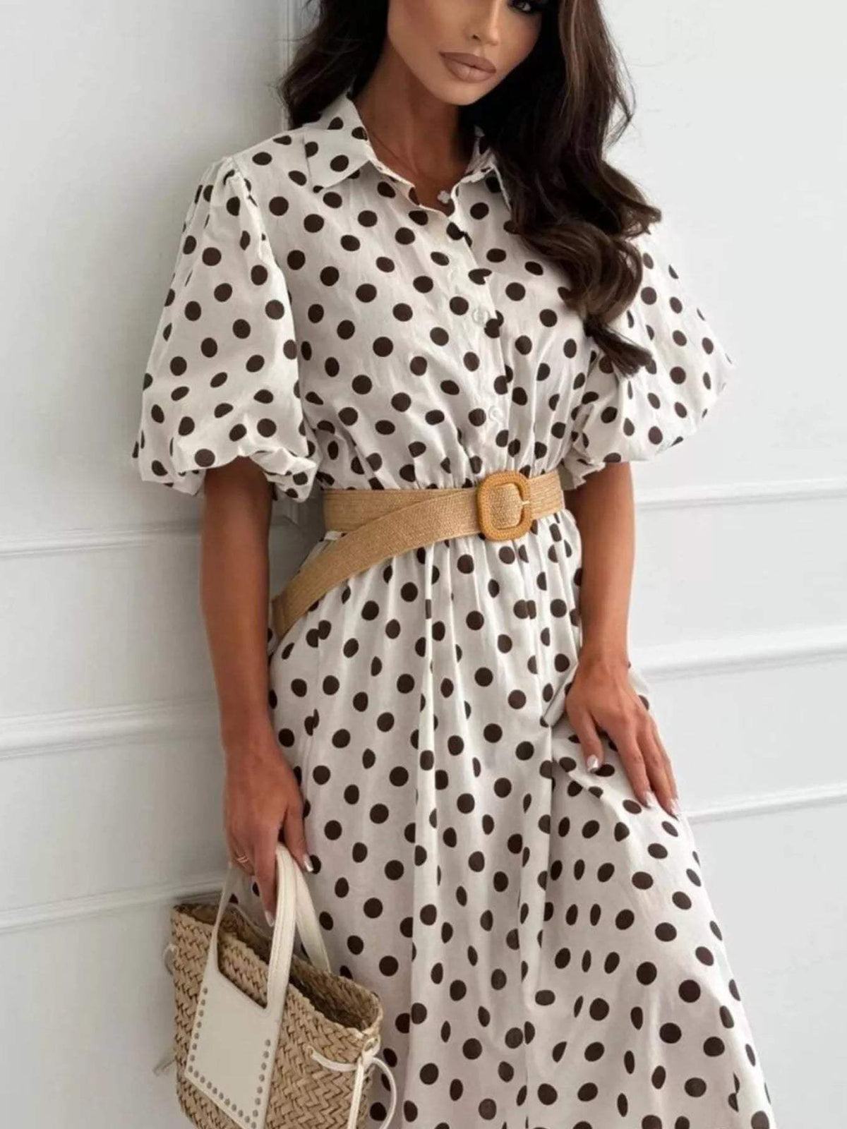 Polka Dot Puff Sleeve Midi Dress - Trendsi - Flyclothing LLC