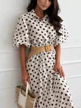 Polka Dot Puff Sleeve Midi Dress - Trendsi - Flyclothing LLC