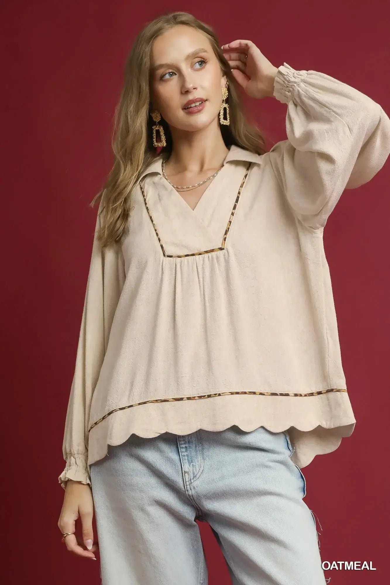 Umgee Full Size Linen Scallop Hem Blouse with Contrast Trim Plus Size - Trendsi - Flyclothing LLC