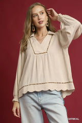 Umgee Full Size Linen Scallop Hem Blouse with Contrast Trim Plus Size - Trendsi - Flyclothing LLC