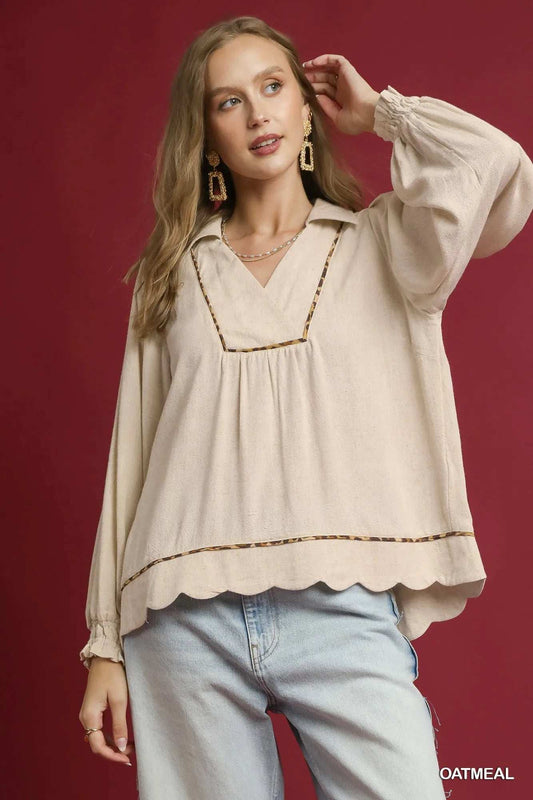 Umgee Full Size Linen Scallop Hem Blouse with Contrast Trim Plus Size - Trendsi - Flyclothing LLC