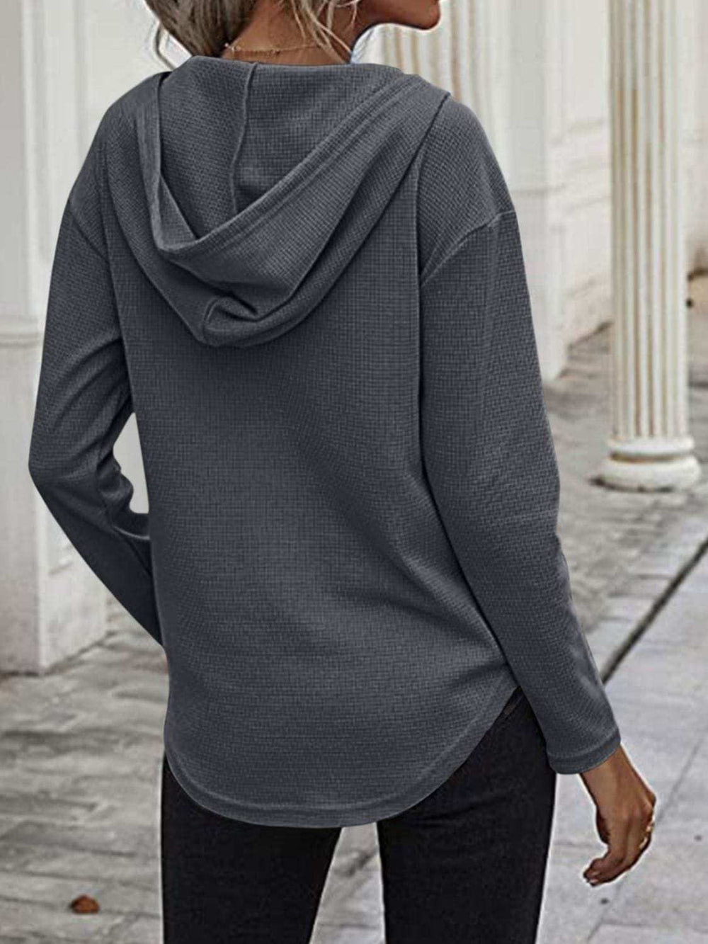 Drawstring Waffle Knit Long Sleeve Hooded Top - Trendsi - Flyclothing LLC