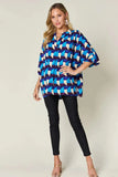 Double Take Full Size Geometric Notched Half Sleeve Blouse - Trendsi