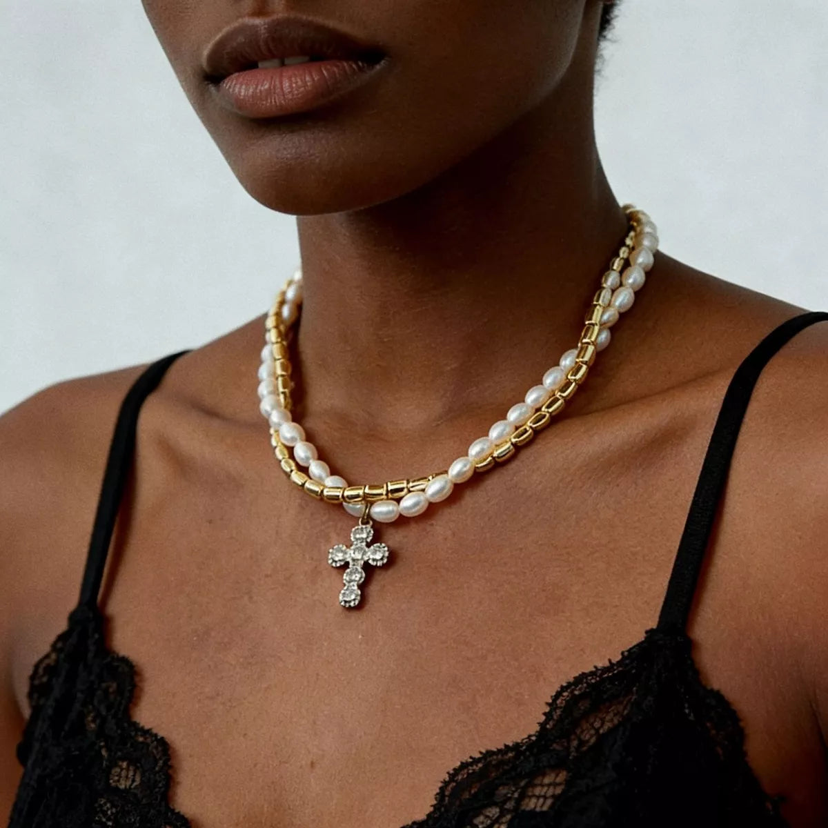 Elegant Pearl Alloy Necklace with Rhinestone Cross Pendant - Trendsi - Flyclothing LLC