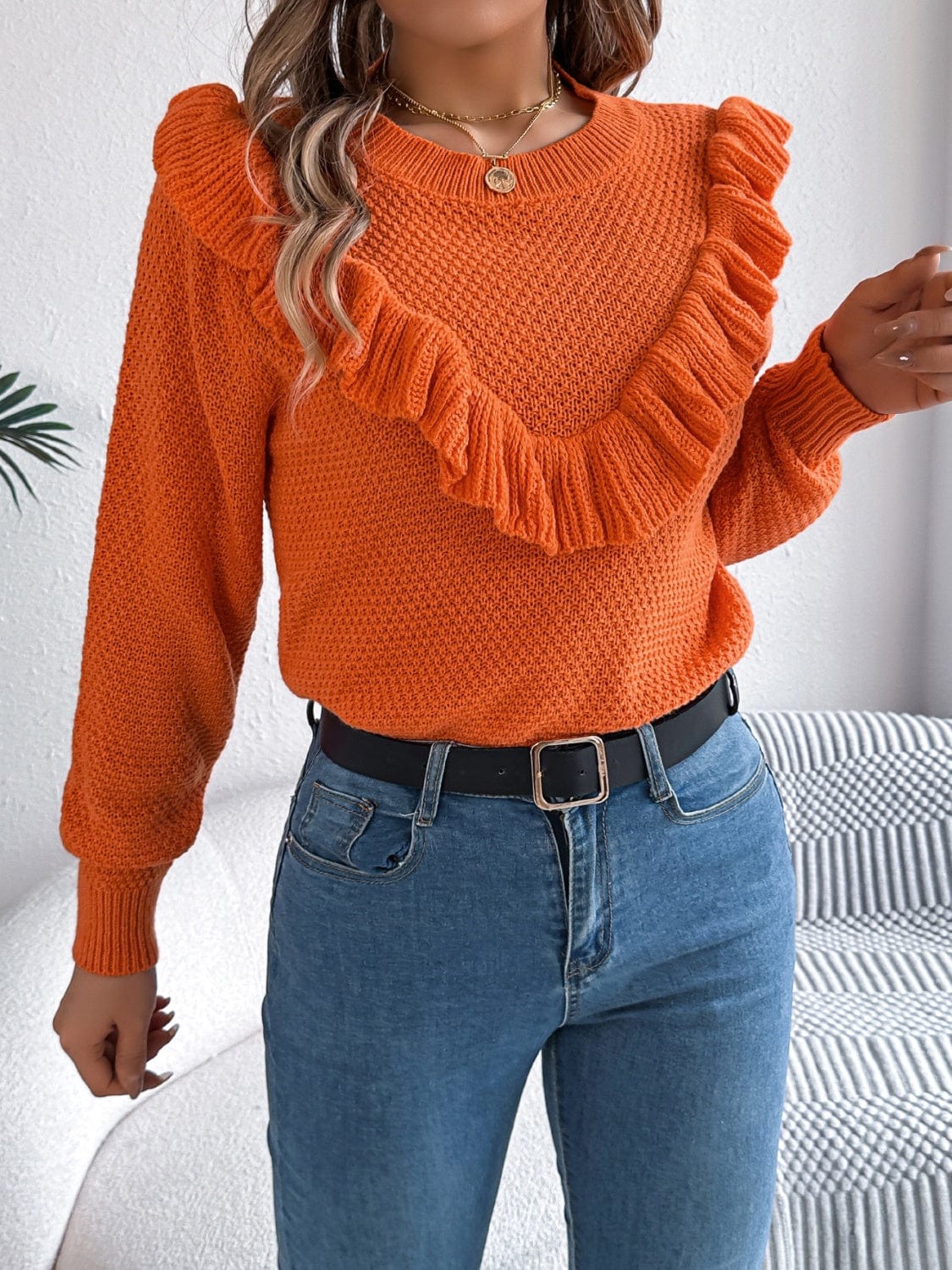 Ruffled Round Neck Long Sleeve Sweater - Trendsi