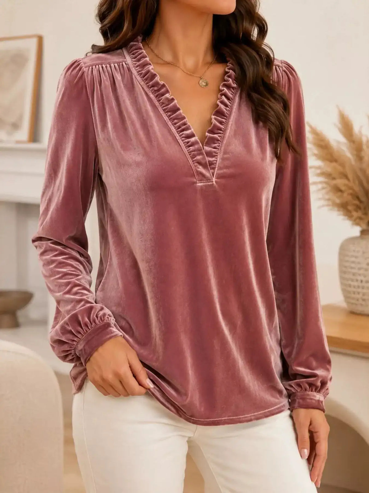 V-Neck Ruffle Trim Velvet Blouse - Trendsi - Flyclothing LLC