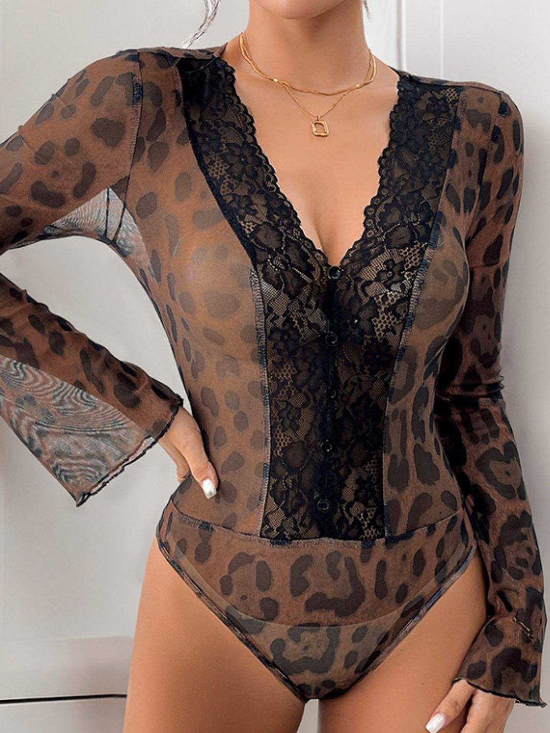 Perfee Leopard V-Neck Lace Bodysuit - Trendsi - Flyclothing LLC