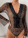 Perfee Leopard V-Neck Lace Bodysuit - Trendsi
