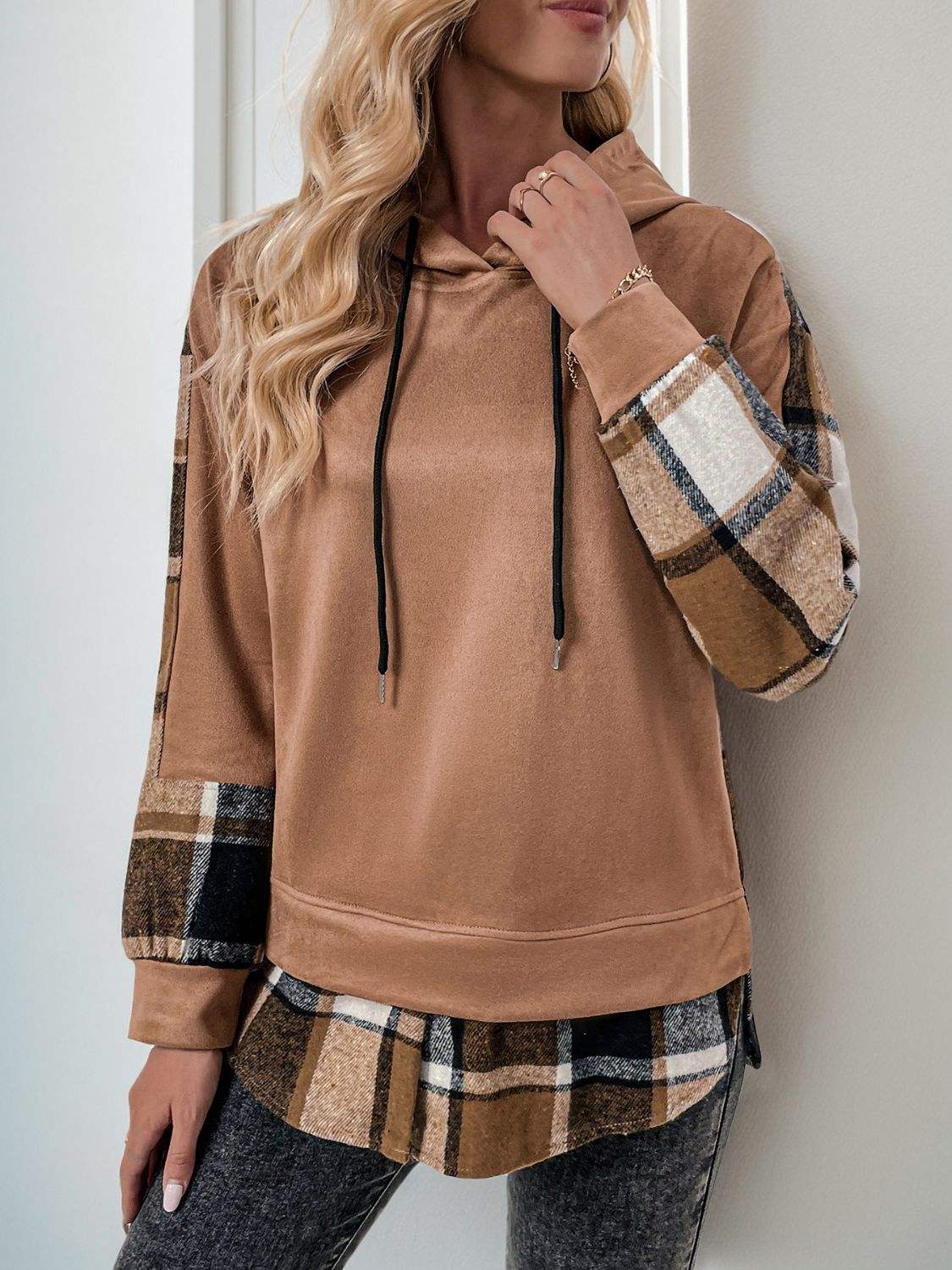 Perfee Drawstring Slit Plaid Long Sleeve Hoodie - Trendsi - Flyclothing LLC