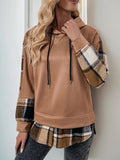 Perfee Drawstring Slit Plaid Long Sleeve Hoodie - Trendsi