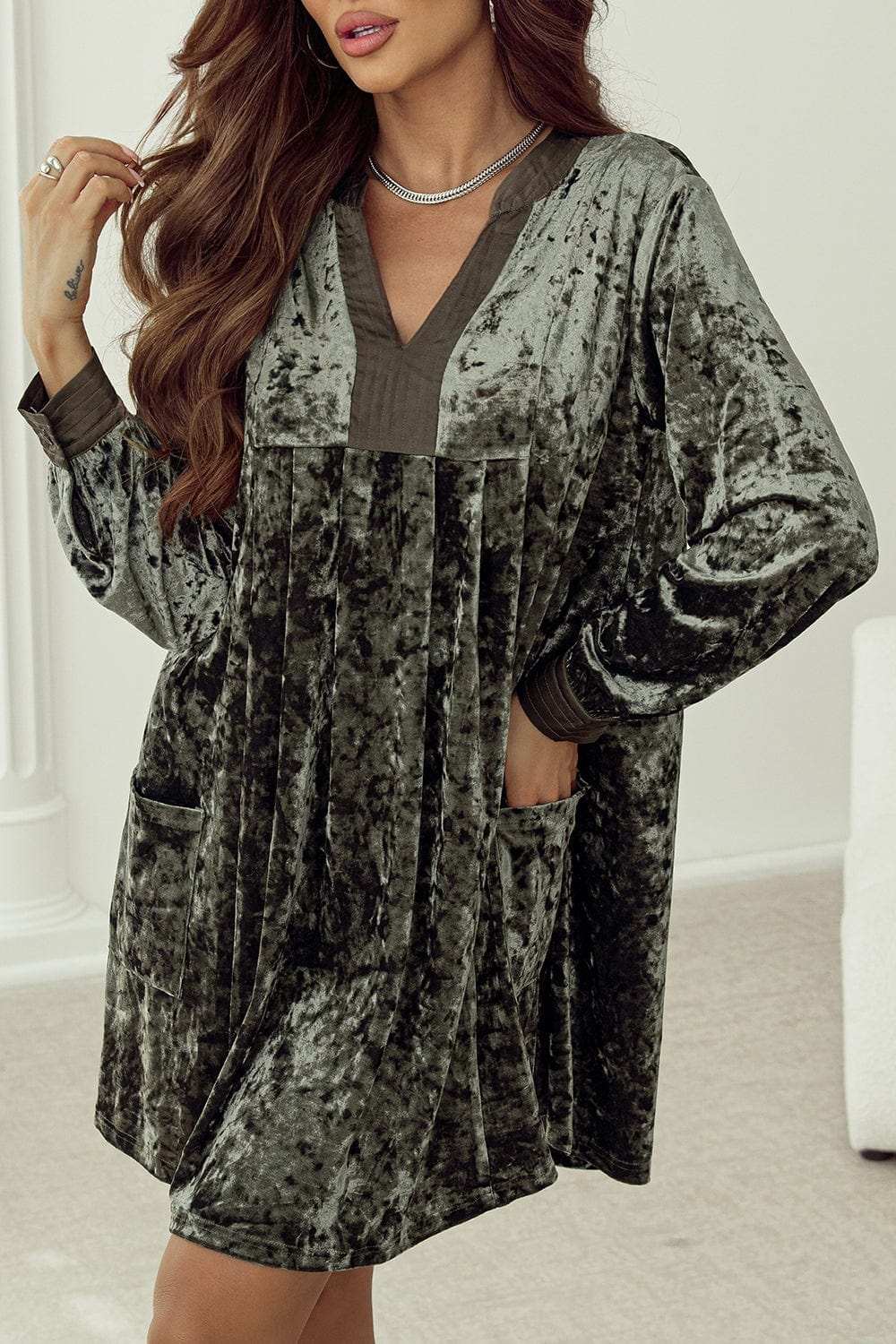 Notched Long Sleeve Mini Dress with Pockets - Trendsi - Flyclothing LLC