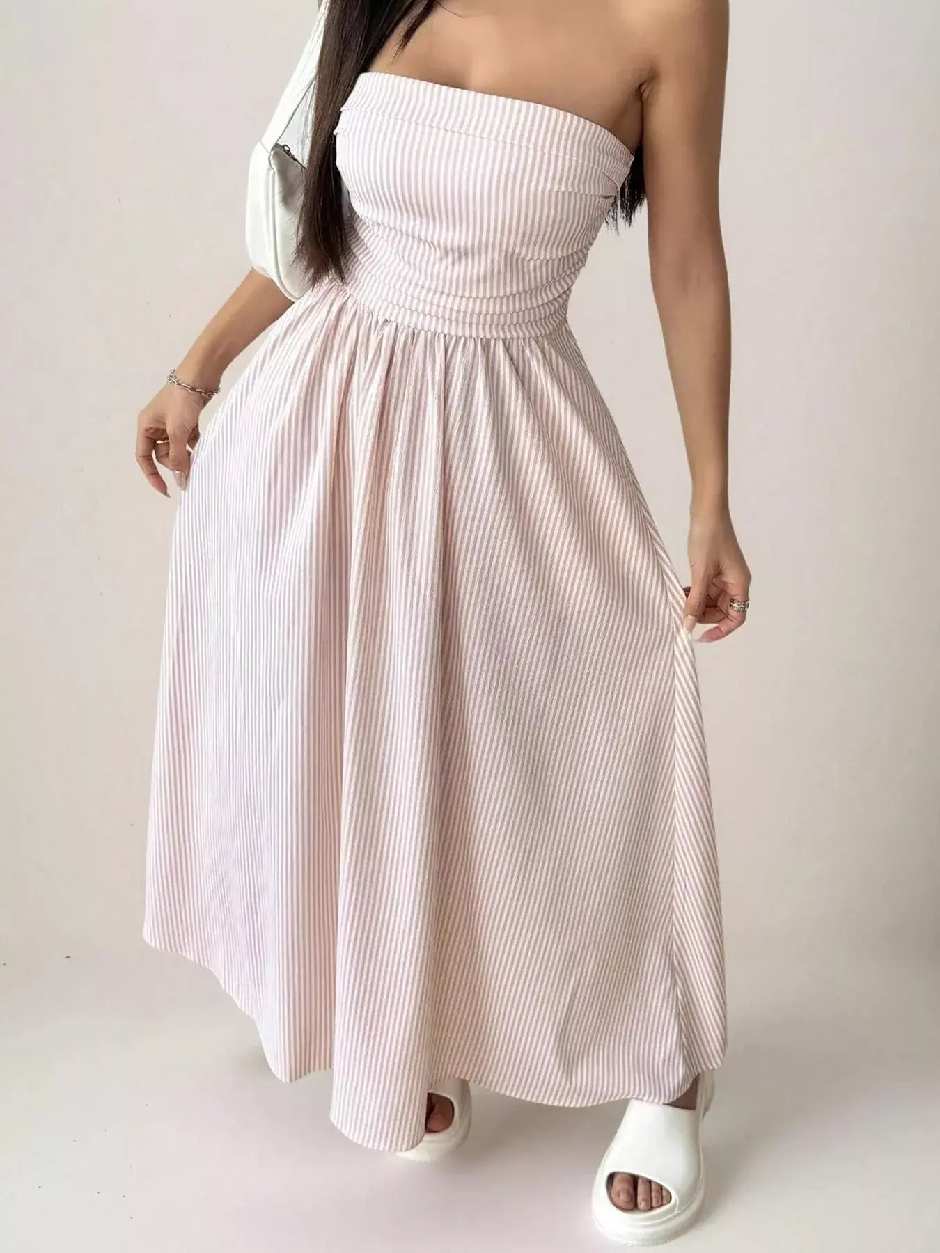 Striped Strapless Casual Maxi Dress - Trendsi - Flyclothing LLC