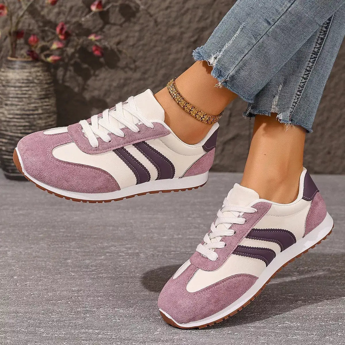 Striped Lace-Up Casual Sneakers - Trendsi - Flyclothing LLC
