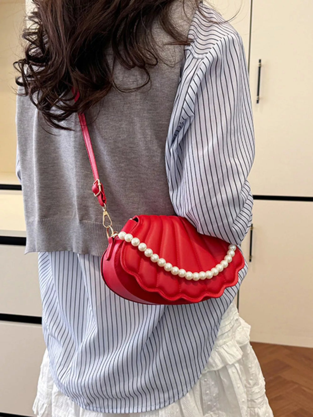 Shell-Shaped Pearl Decor Crossbody Bag - Trendsi - Flyclothing LLC