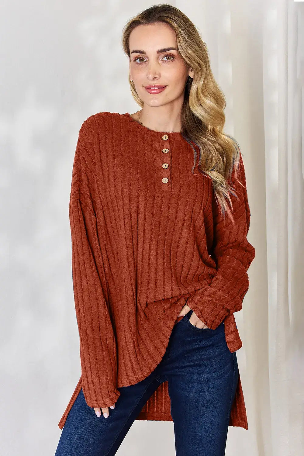 Basic Bae Full Size Ribbed Half Button Long Sleeve High-Low T-Shirt - ShopBasicbae - Flyclothing LLC