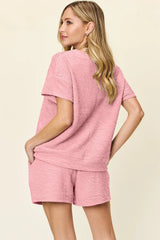 Double Take Full Size Texture Short Sleeve T-Shirt and Drawstring Shorts Set - Trendsi - Flyclothing LLC