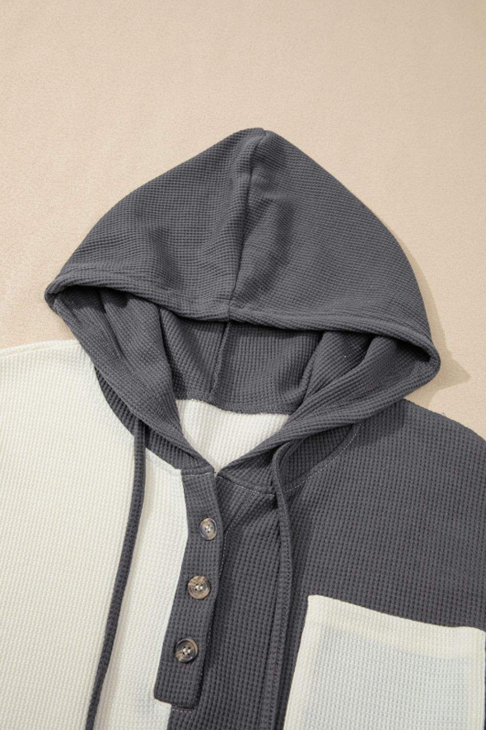 Waffle-Knit Two-Tone Long Sleeve Hoodie - Trendsi - Flyclothing LLC
