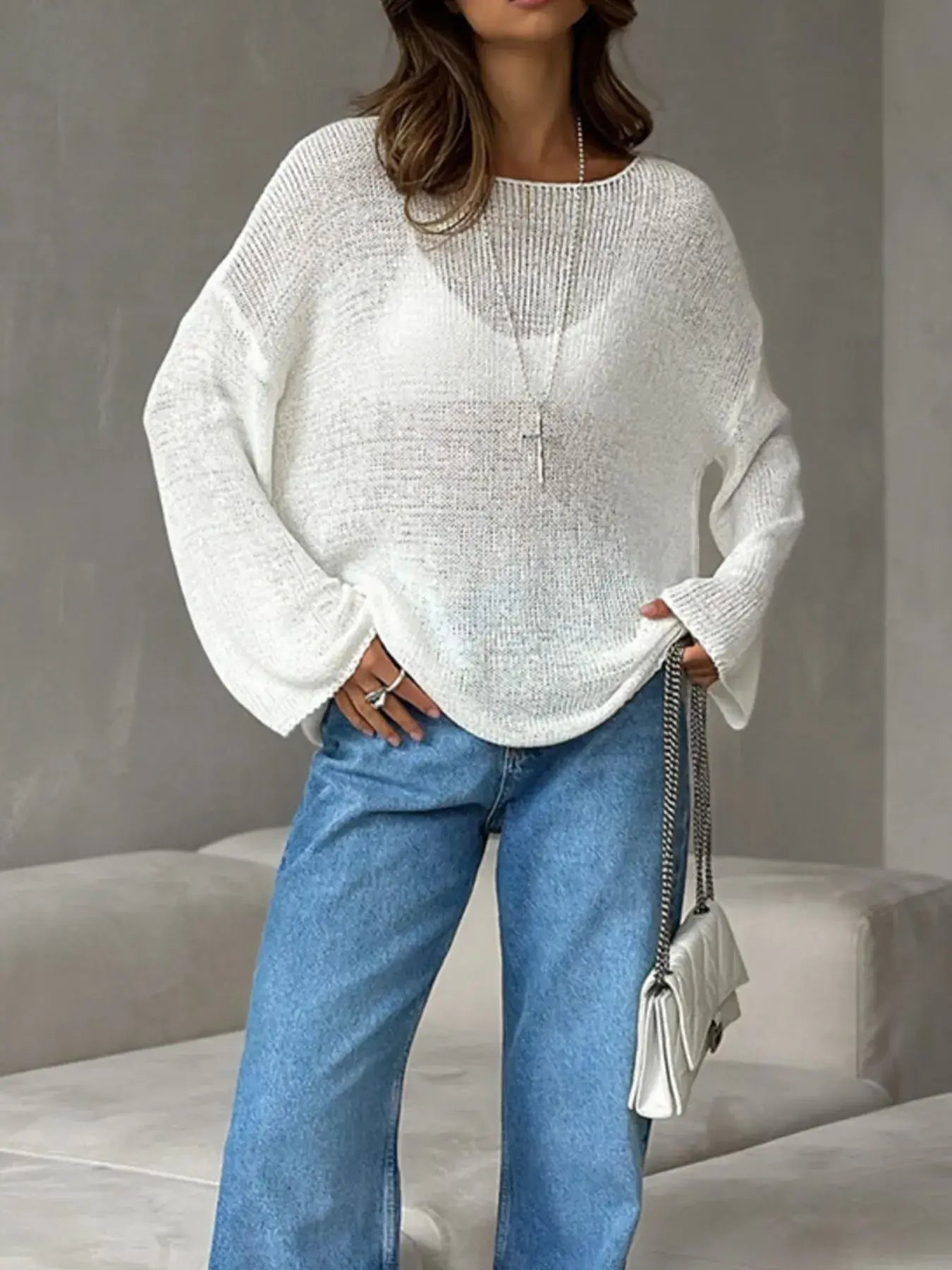 Boat Neck Knit Cover Up with Relaxed Fit - Trendsi - Flyclothing LLC