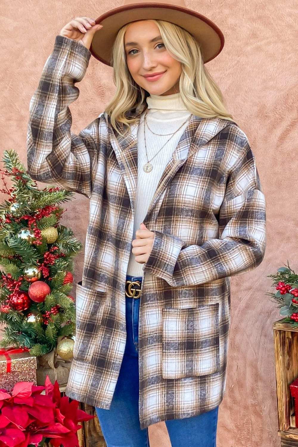 And The Why Plaid Open Front Hooded Shacket - Trendsi - Flyclothing LLC