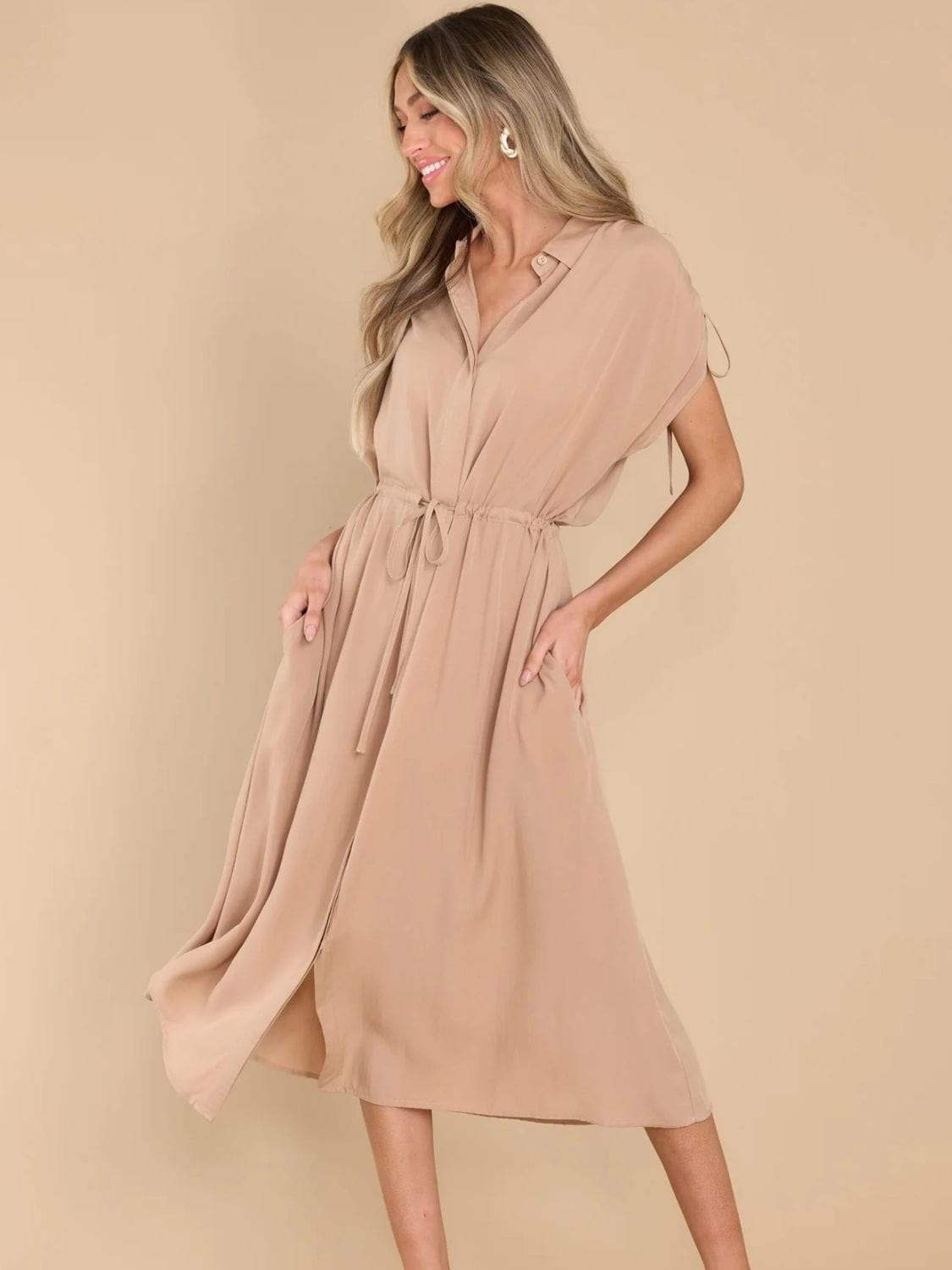 Drawstring Collared Neck Short Sleeve Midi Dress - Trendsi - Flyclothing LLC