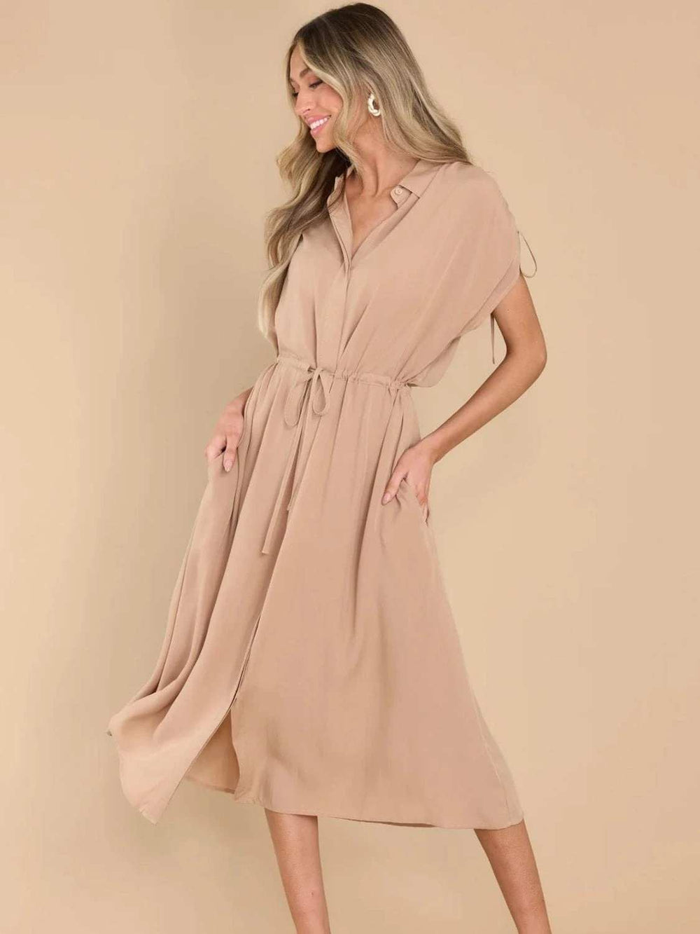 Drawstring Collared Neck Short Sleeve Midi Dress - Trendsi - Flyclothing LLC