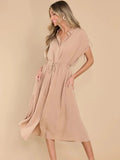 Drawstring Collared Neck Short Sleeve Midi Dress - Trendsi