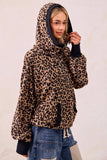 BiBi Leopard Print Waffle Half Zip Up Hoodie W Pocket - Trendsi - Flyclothing LLC