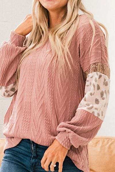Sequin Leopard Round Neck Long Sleeve Sweater - Trendsi - Flyclothing LLC