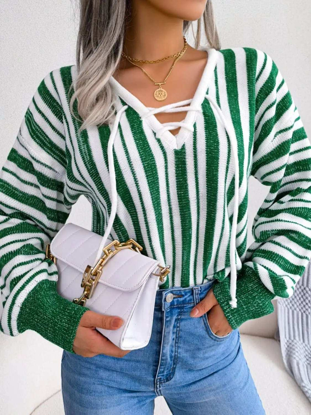 Striped Lace-Up Long Sleeve Sweater - Trendsi - Flyclothing LLC