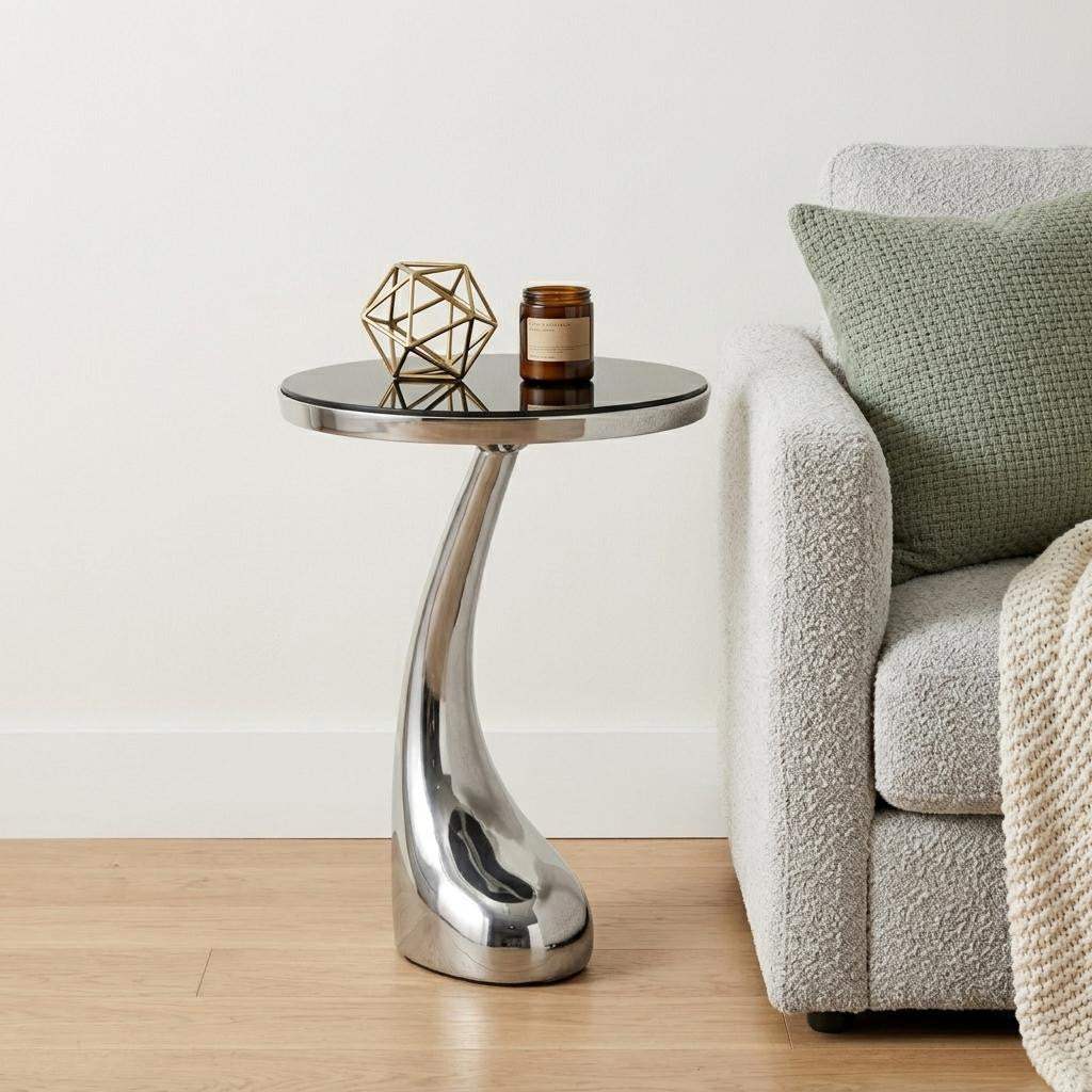 21" Silver And Black Aluminum And Granite Round Abstract End Table - HomeRoots - Flyclothing LLC