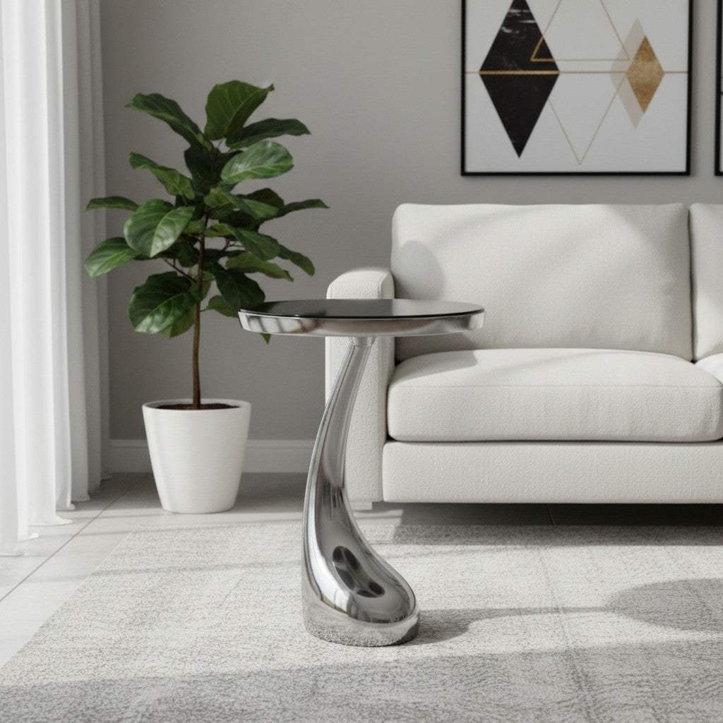 21" Silver And Black Aluminum And Granite Round Abstract End Table - HomeRoots - Flyclothing LLC