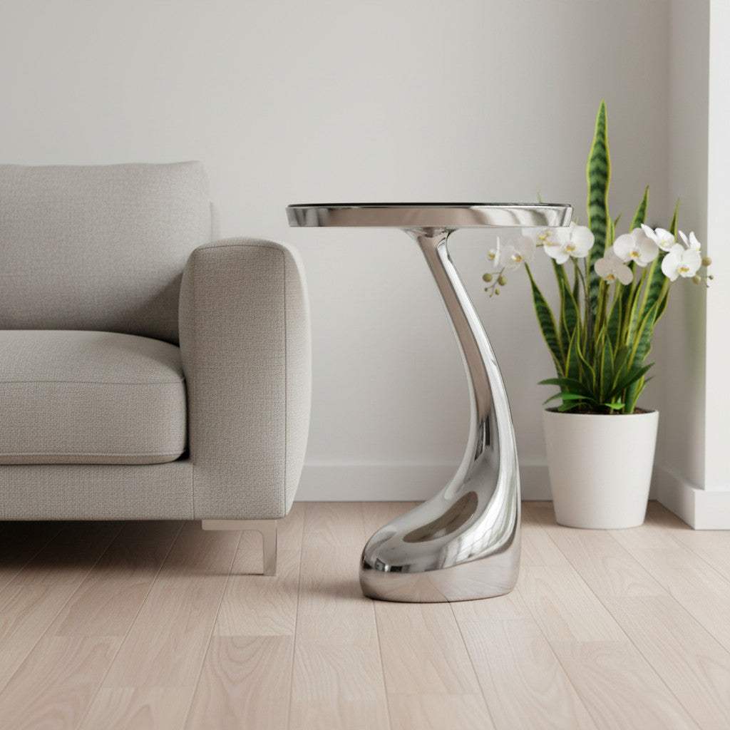 21" Silver And Black Aluminum And Granite Round Abstract End Table - HomeRoots - Flyclothing LLC