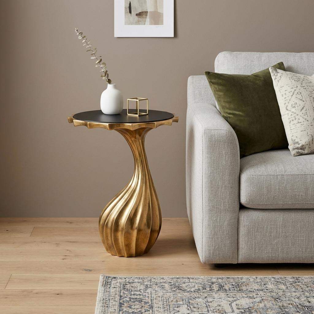 25" Gold And Black Aluminum And Granite Round Abstract End Table - HomeRoots - Flyclothing LLC