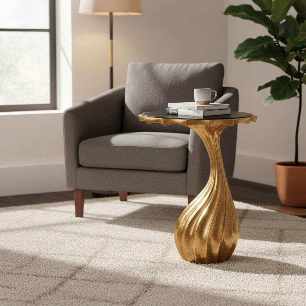 25" Gold And Black Aluminum And Granite Round Abstract End Table - HomeRoots - Flyclothing LLC