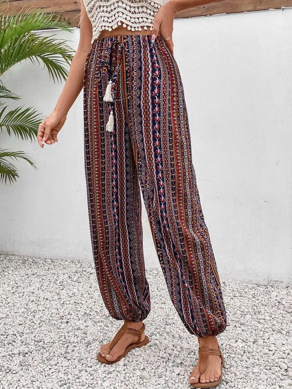 Tassel Printed High Waist Pants - Trendsi - Flyclothing LLC