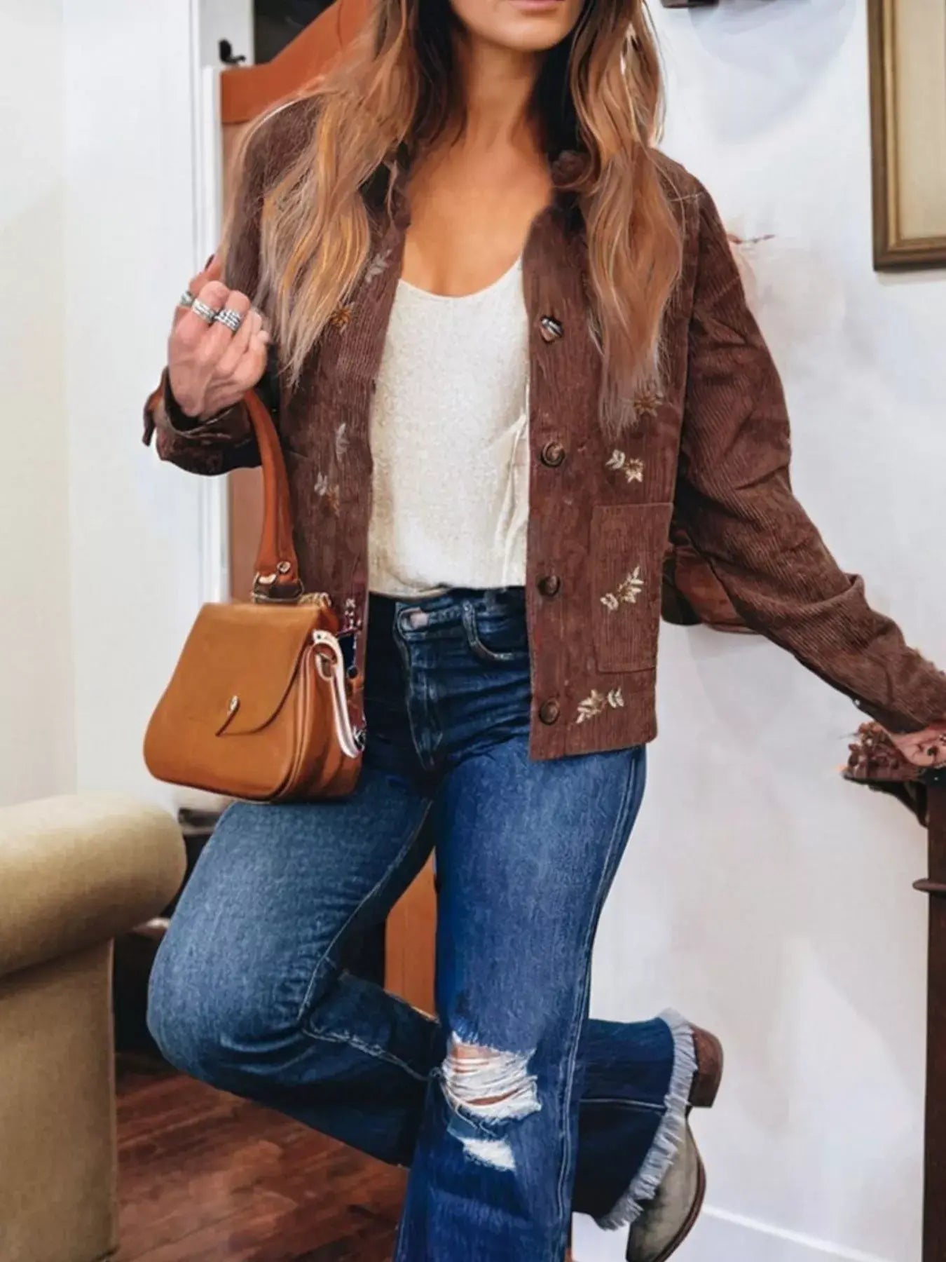 Floral Embroidered Collar Button Front Corduroy Jacket - Trendsi - Flyclothing LLC