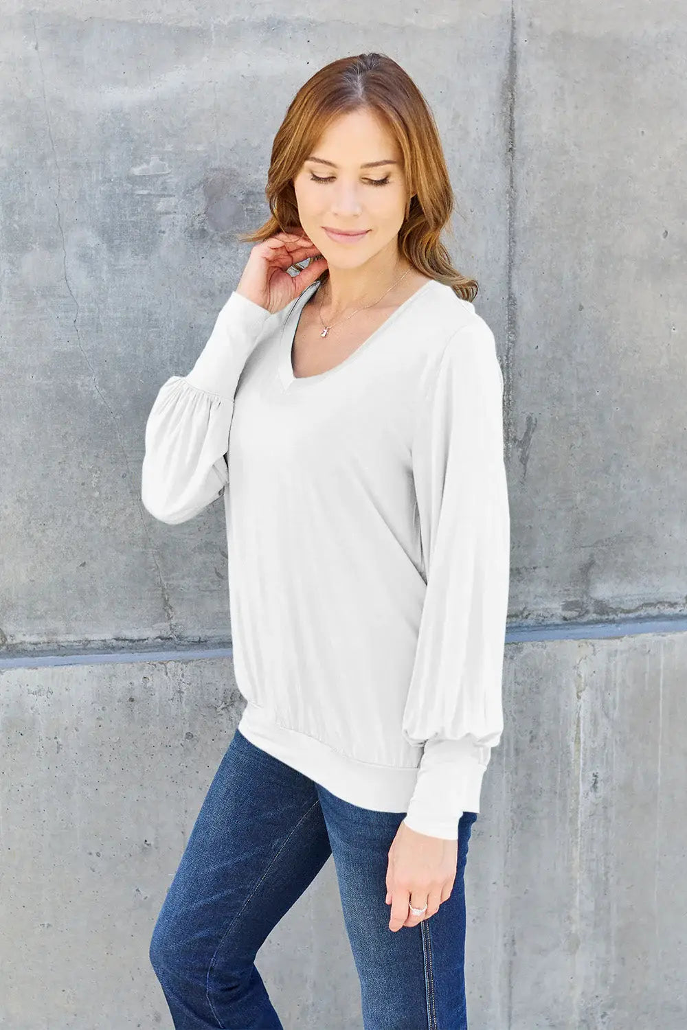 Basic Bae Full Size V-Neck Lantern Sleeve Top - ShopBasicbae - Flyclothing LLC