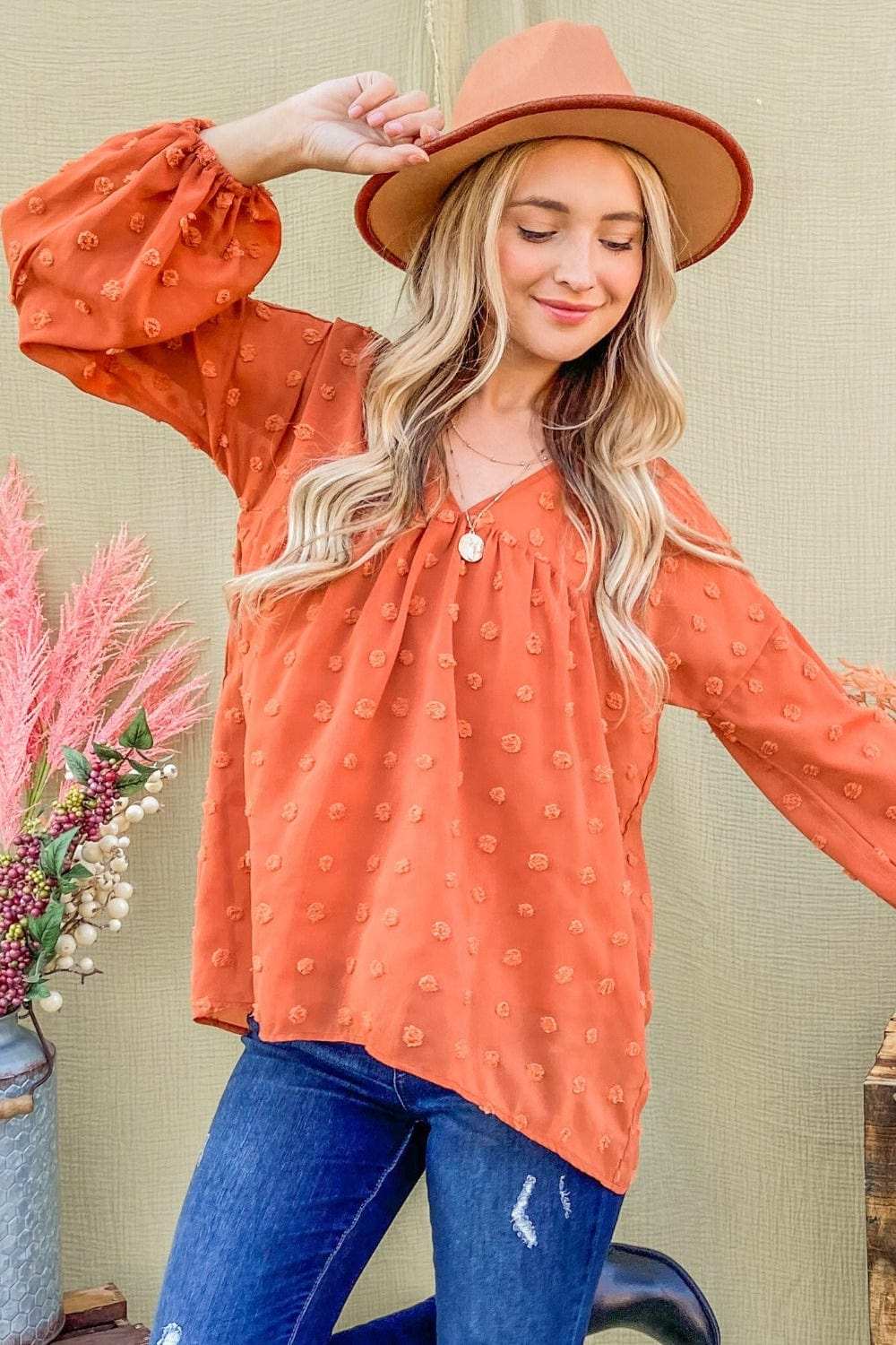 And The Why Swiss Dot V Neck Balloon Sleeve Woven Blouse - Trendsi - Flyclothing LLC