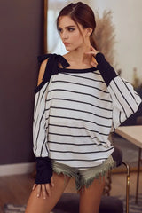 BiBi Stripe Yarn Dye Waffle One Shoulder Ribbon Detail Top - Trendsi - Flyclothing LLC