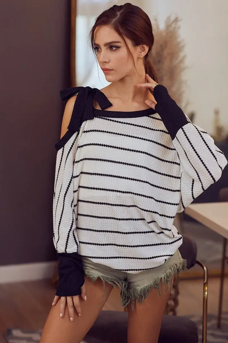 BiBi Stripe Yarn Dye Waffle One Shoulder Ribbon Detail Top - Trendsi - Flyclothing LLC