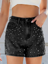 Rhinestone Washed High Waist Denim Shorts - Trendsi - Flyclothing LLC