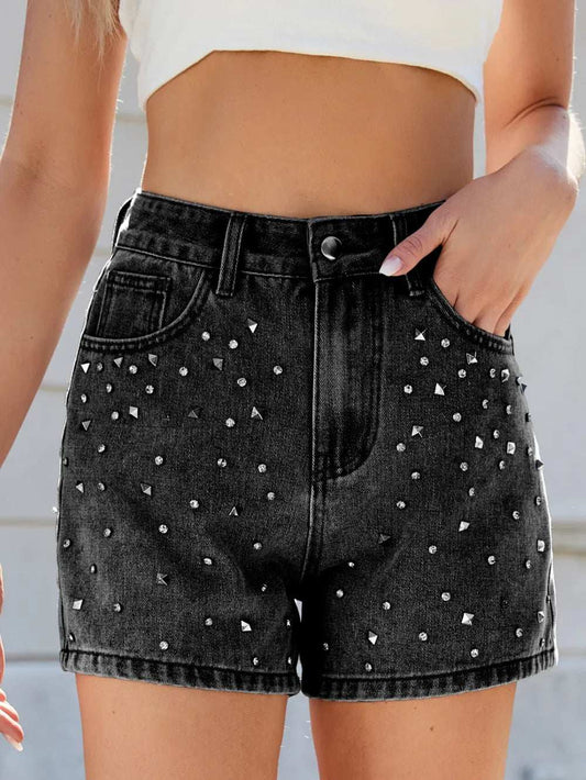 Rhinestone Washed High Waist Denim Shorts - Trendsi - Flyclothing LLC