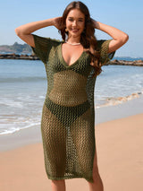 Slit Openwork Johnny Collar Short Sleeve Cover-Up - Trendsi - Flyclothing LLC
