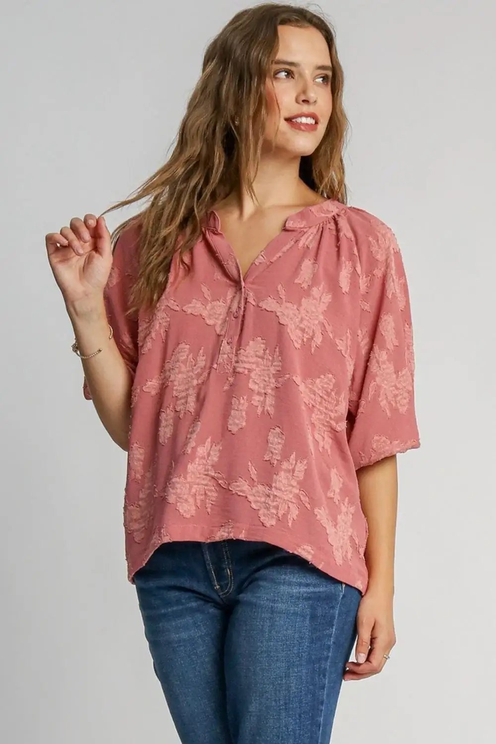 Umgee Full Size Notched Button Detail Half Sleeve Blouse Plus Size - Trendsi